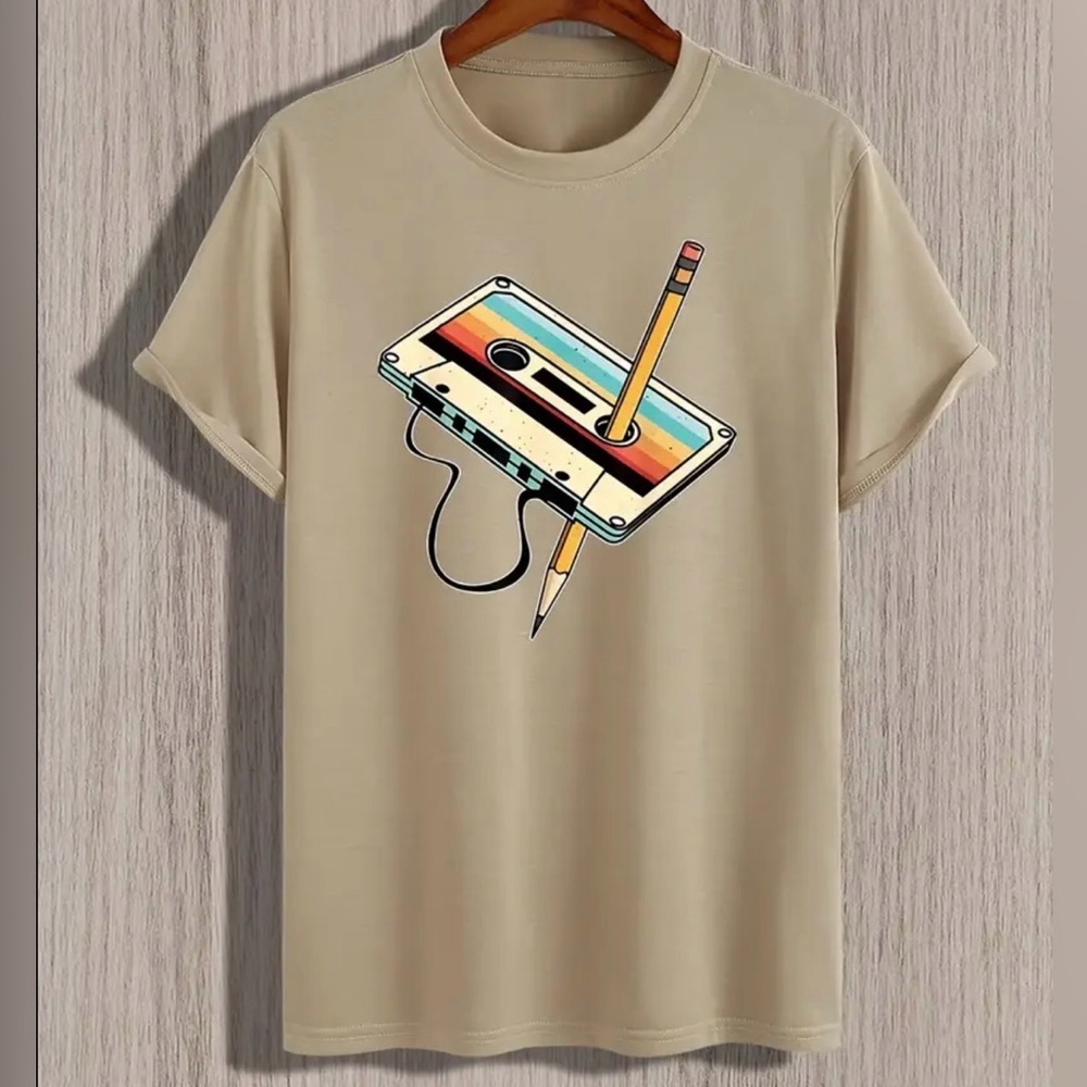 Men’s Apricot Retro Graphic T-Shirt with Cassette Design - Size XL - Picture 4 of 5